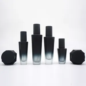 Frasco de embalagem para maquiagem, conjunto de embalagem de recipiente de maquiagem com gradiente preto para cuidados com a pele, spray de vidro personalizado