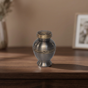Matte Silver Metal Adult Pet Cremation Urn with Embossed <b>Lid</b>-Eco-Friendly Biodegradable Durable Monument <b>by</b> Indian Home Crafts - Product Image 1