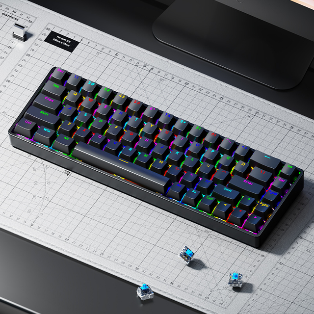 AK68 Three-mode Mechanical Keyboard Blue Switch High-Value PBT Material USB Interface RGB Backlit Programmable Keys for Gaming