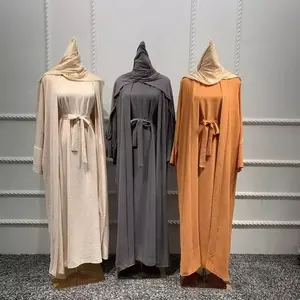 Nieuwste Ontwerp Kalkoen Dubai Effen Kleur Tweedelige Set Abaya Vrouwen Grote Maat Kaftan Casual Jurk Lange Mouw Dames Moderne Jurken