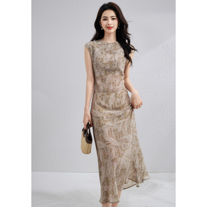 Robe longue 100% soie, col rond élégant, amincissante, luxueuse, haut de gamme pour femme, charme féminin - Product Image 2