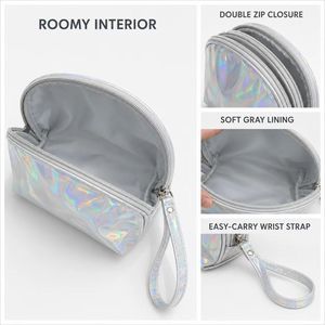 Custom Logo Iridescent PU Cosmetic Bag <b>Compact</b> <b>Makeup</b> Organizer with Wrist Strap Double Zip OEM ODM Wholesale Factory - Product Image 6