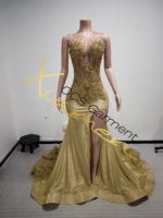 Ocstrade Prêt à expédier - Contactez-nous avant la commande Robe de soirée sirène dorée à strass en cristal cousus main, fente haute, scintillante, pour bal de promo