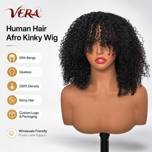 <span class=keywords><strong>Parrucca</strong></span> <span class=keywords><strong>Afro</strong></span> Kinky Curly Trasparente con Frangia, Senza Colla, Densità 250%, Capelli Umani Remy per Donne - Product Image 3