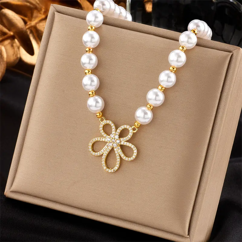 Kalung baja tahan karat liontin bunga berlian antik kalung manik-manik dan mutiara imitasi putih untuk perhiasan wanita