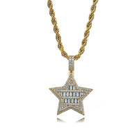 Pendentif Étoile Hip Hop Baguette Plaqué Or Pentagramme CZ Bling Bling Bijoux Homme Iced Out Cadeau