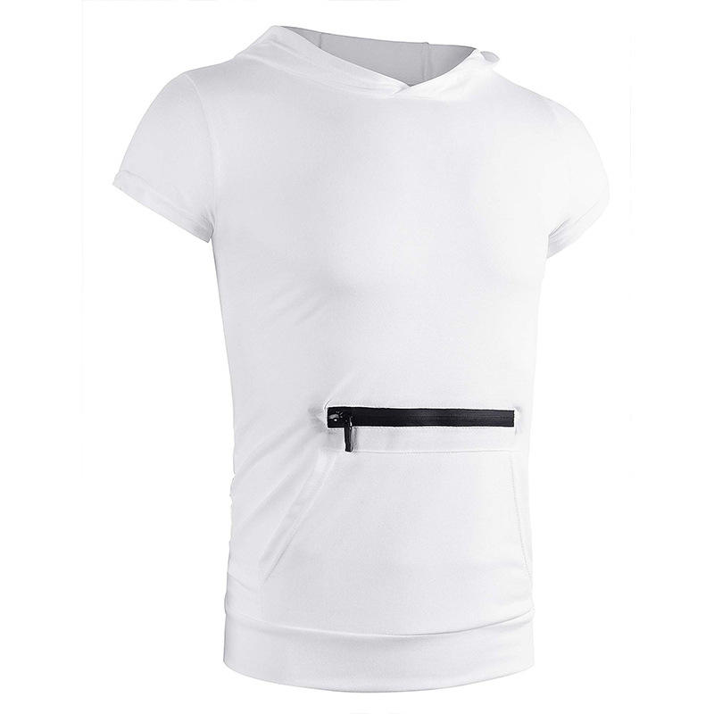 Wholesale Gym Fitness Short Sleeve Hooded T-shirt Mens Fashion Solid Color  Front Pocket Muscle Tshirt