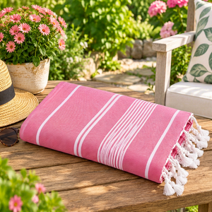 <b>Pink</b> Cotton Fouta Beach <b>Towel</b> with White Stripes and Tassels Woven Plain Dyed Washable Sustainable Eco-Friendly Home Textile - Product Image 1