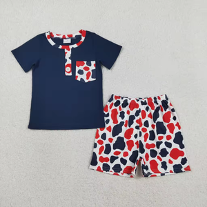 Vêtements d'été en gros pour enfants : Tenue bébé garçon motif camouflage bleu marine et rouge, barboteuse et chemise pour le 4 juillet - Product Image 2
