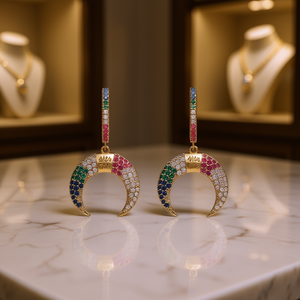 Orecchini Pendenti Pav Moon in Oro Massiccio 18K con Cristalli Colorati, Stile Bohémien, Gioielli da Festa per Donne - Product Image 2