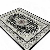 Tapis rectangulaire vintage persan à motif floral orné noir et blanc en polyester antidérapant pour salon, luxe européen