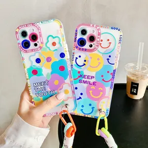 Clear Graffiti Mobile Cute Flower Smile Phone Case Luxury Nylon Hand Lanyard Phone Case With Chain For Iphone 13/12/11 Pro Max