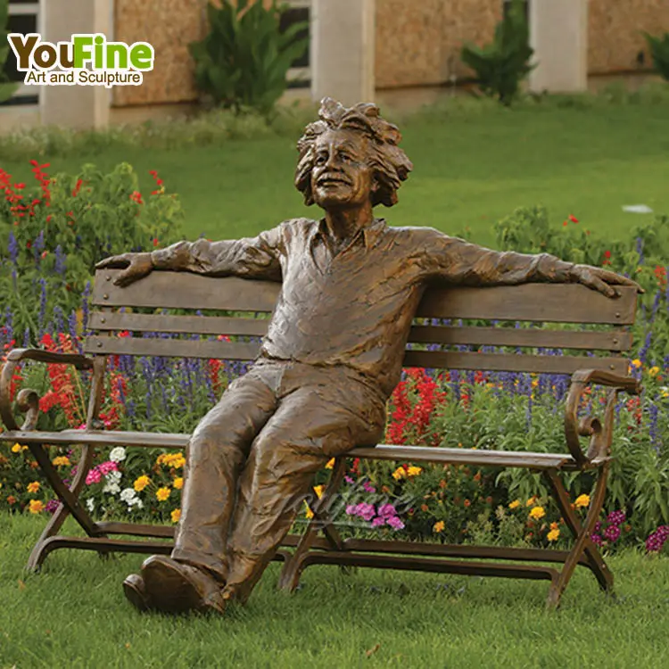 Figura famosa de alta calidad, Albert Einstein personalizada de escultura de bronce, hombre en banco