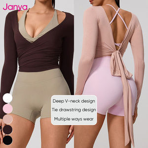 Atasan Olahraga Wanita Janya Berkualitas Tinggi, Bahan Bernapas, Cepat Kering, untuk Tari, Kebugaran, Latihan Gym, Lengan Panjang, Model Ballet Wrap, Kaos Yoga - Product Image 3
