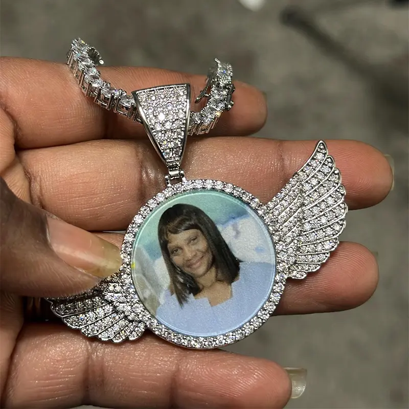 Fine Jewelry 925 Sterling Silver Moissanite Angel Wings Memory Custom Photo Pendant Necklaces Men Women Hip Hop Jewelry