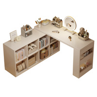 Escritorio Multifuncional en Forma de L, Estilo Crema, de MDF, con Gabinete de Almacenamiento y Estantería para Computadora y Maquillaje, para Dormitorio de Niñas