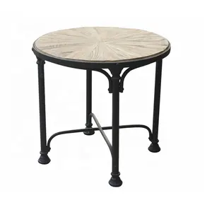 HL401 antico stile francese industriale struttura in metallo rotondo tavolino da caffè con riciclato solido piano in legno