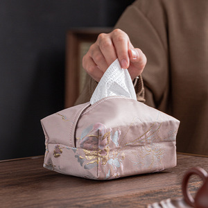 Brocade Tissue <b>Box</b> Fabric Chinese Style Desktop Pink Embroidered <b>Floral</b> Design For Home Tea Room - Product Image 1