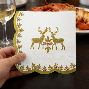 Serviettes jetables 3 plis à bord festonné motif rennes et baies de houx dorées pour fêtes de Noël et du <span class=keywords><strong>Nouvel</strong></span> <span class=keywords><strong>An</strong></span> – Serviettes de table personnalisées - Product Image 2