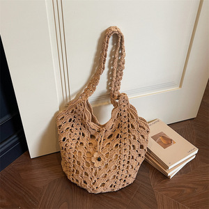 Bolso de Hombro Bohemio de Ganchillo con Patrón Calado Beige, Correa Única, Cierre de Botón, Uso Diario de Verano, Fabricante OEM/ODM - Product Image 1