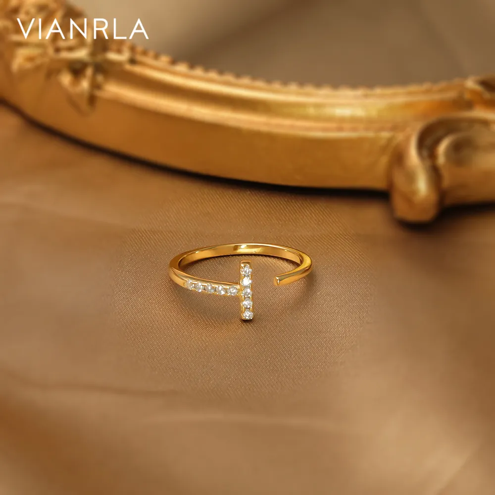 VIANRLA-Anillo de circón en forma de T de plata de ley 925, anillo ajustable abierto