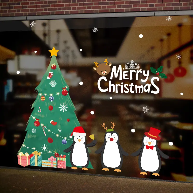 Double-faced Christmas tree and penguin removable pvc waterproof wall stickers for shop windows and doors wall decals