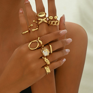 도매 골드 톤 링 세트 멀티 스타일 청키 체인 기하학 반지 여성 파티 데일리 웨딩 패션 쥬얼리 액세서리 - Product Image 3