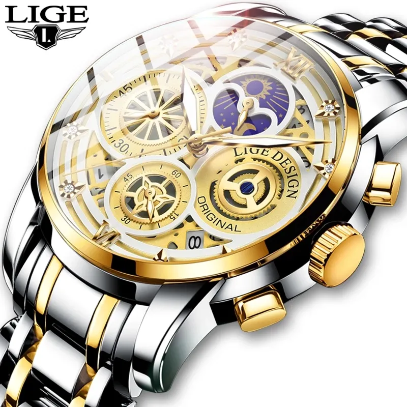 Lige 8942 Brand Your Own Log Men Quartz Wrist Watch OEM Chrono Functional Steel Watch Custom