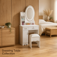 Coiffeuse moderne blanche avec miroir ovale éclairé, étagère latérale et tiroirs de rangement – Écologique pour appartement, chambre et salon