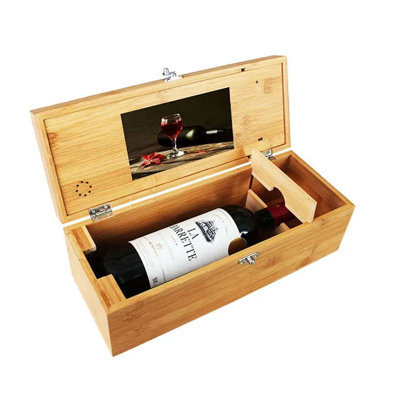Custom wood presentation box 5 inch 7 inch 10.1 inch wooden gift video box with digital LCD screen for red wine business gift.
