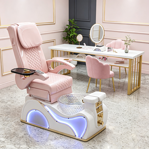 <b>Massage</b> Pedicure Chair with Manicure <b>Table</b> Nail Salon Furniture Set Spa Pedicure Station Pink Leather LED Base Armrest Tray - Product Image 1
