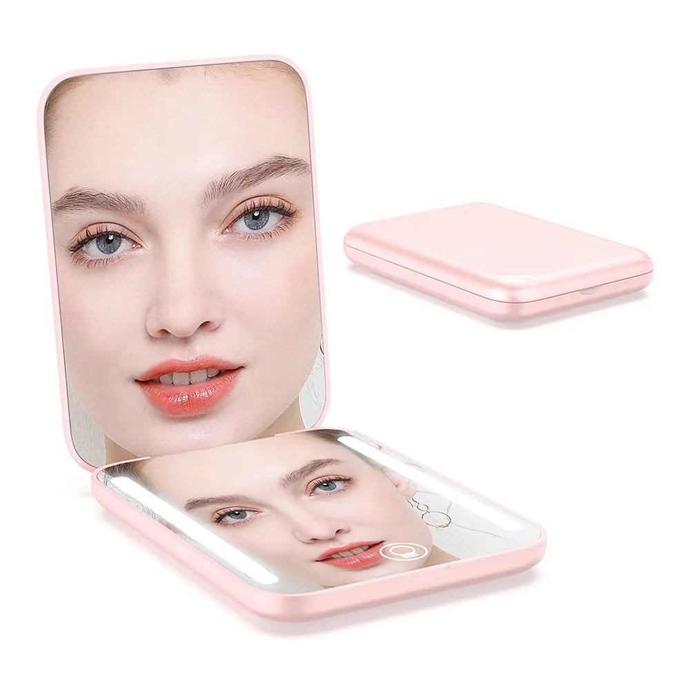 Mini miroir de maquillage LED de voyage portable à trois couleurs réglable en gros avec grossissement 3X