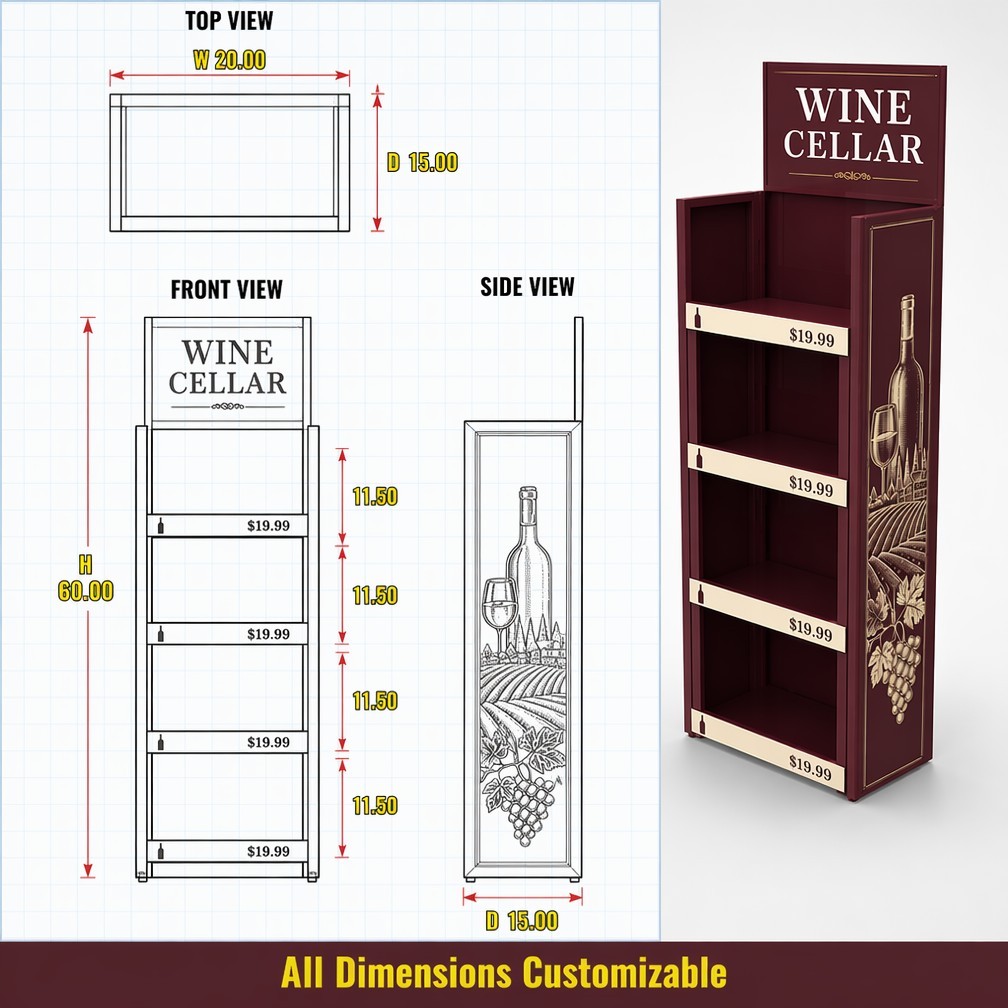 Apache Custom Wine Display Rack 48 Bottles 4-Tier Metal Bottle Merchandiser Knock Down Rotating Stand for Liquor Store Pub Bar — view 4
