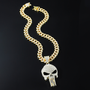 <span class=keywords><strong>Cadena</strong></span> Cubana de Acero Inoxidable Chapada en Oro con Circonitas |   Collar con Colgante de Calavera Punisher para Mujer, Estilo Hip Hop, Cultura Rap - Product Image 4