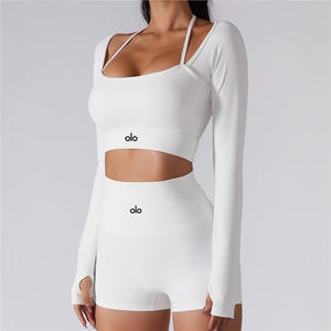 Yoga Damen Neckholder Tiefer V-Ausschnitt Schnelltrocknend Hochgeschnittene Taille 2-Teiliges Sportoutfit Fitness-Anzug Langarm-T-Shirt mit Brustpolster - Product Image 2