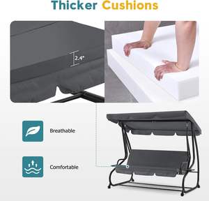 เก้าอี้แกว่งลาน 3 ที่นั่งแกว่งกลางแจ้งพร้อมโครงเหล็กหลังคาสปรับได้ชุดแกว่งระเบียงสําหรับระเบียงข้างสระหลังบ้าน - Product Image 6