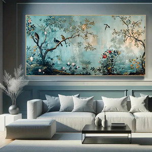 Pintura decorativa <span class=keywords><strong>de</strong></span> <span class=keywords><strong>turquesa</strong></span> y <span class=keywords><strong>flores</strong></span> y pájaros Extra ancha moderna sin marco <span class=keywords><strong>de</strong></span> la marca Diytree para la decoración del hogar y el dormitorio - Product Image 2