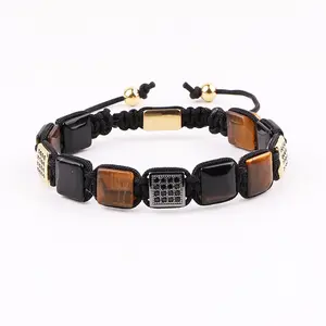 New Fashion 10mm Square Beaded Tiger Eye Agate Natural Stone Braided CZ Charm Men Bracelet Stone With Custom Logo