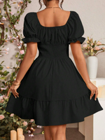 AUSELILY Robe d'été unie pour femme, col carré, taille haute, manches bouffantes, décontractée, poches élastiques, mini-robe