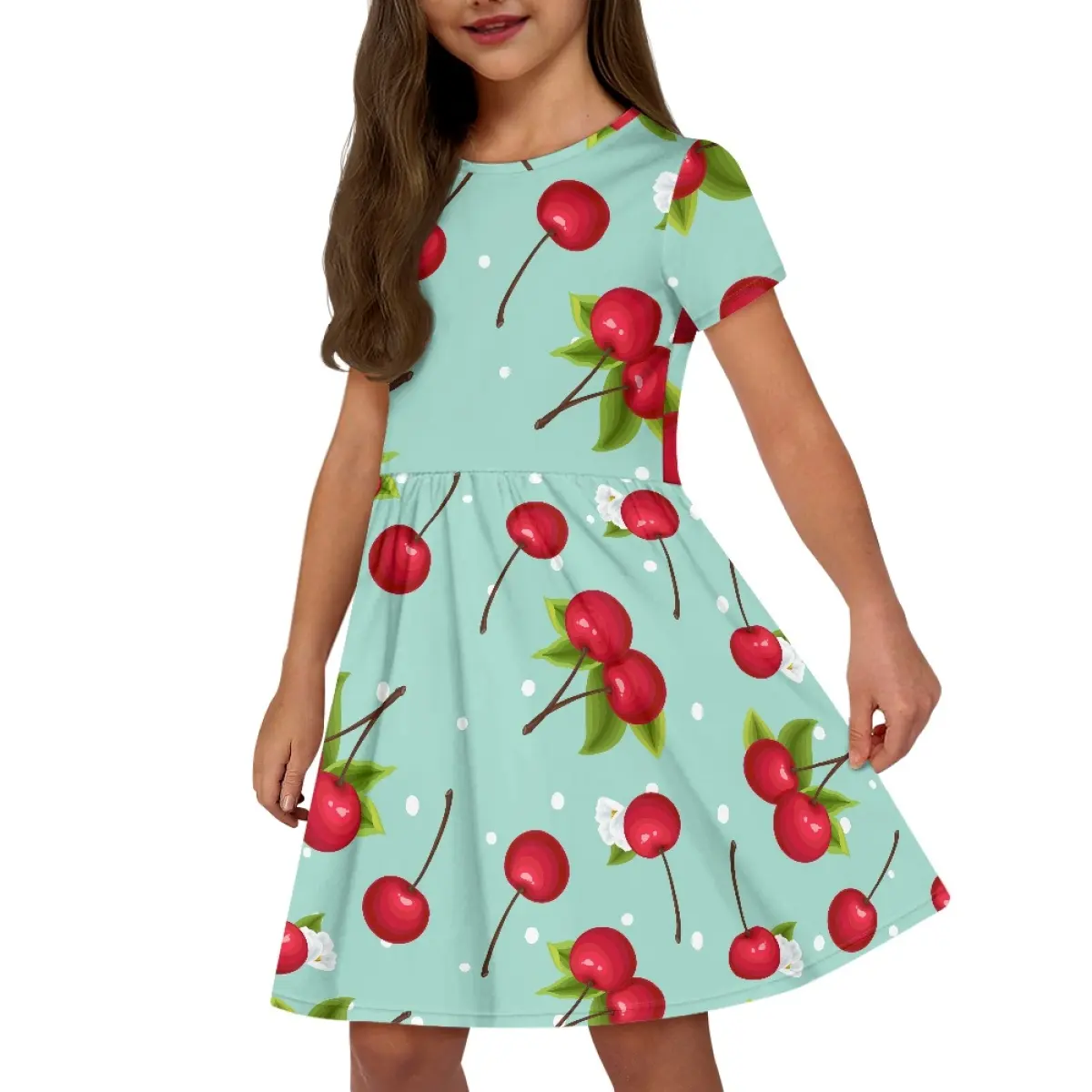 Cherry Fruit Pattern Crianças Vestido de Bolso Verão Conforto Slim-Fit Vestuário Personalizado Qualquer Designs Manga Curta Vestidos Drop Ship