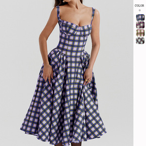Venta al por mayor personalizado francés Plaid Sexy Premium vestidos de verano Sling Plaid Big Swing vestidos estilo corte vestidos casuales de las mujeres - Product Image 1