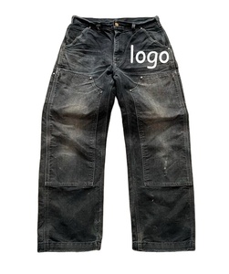 Bas quantité minimale de commande personnalisé en détresse déchiré charpentier salopette jean Vintage 90s soleil délavé noir Double genou travail Cargo <span class=keywords><strong>pantalon</strong></span> - Product Image 1