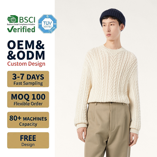 2026 Men's Cable Knit Crew Neck Sweater Ivory White Long Sleeve Pullover Summer Breathable Anti-Pilling Wool/Viscose Wholesale