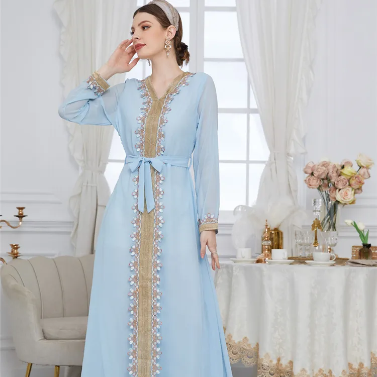 Middle Eastern Women's Arabian Clothing Solid Color Lace Patchwork Receive Waist Chiffon Dress Long Skirt