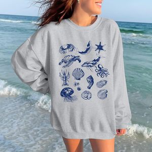 Sudadera Oversize de Algodón de Manga Larga para Mujer FOXA con Estampado Gráfico Oceánico de Tortuga, Ballena y Vida Marina, Hombros Caídos - Product Image 3