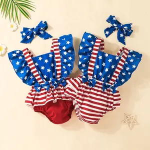 Custom Design Baby Girl Red Romper Independence Day Holiday Clothing Infant Flag Bow Jumpsuits Shoulder Summer Clothes Romper