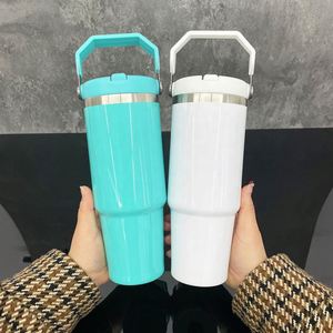 กระบอกน้ำเก็บความเย็นสุญญากาศแบบมีหูหิ้ว ขนาด 30 ออนซ์ เคลือบเงา สีมาการอง สำหรับนักเรียน นักกีฬา พร้อมหลอดดูดแบบพับได้ จากคลังสินค้าสหรัฐอเมริกา - Product Image 5