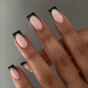24 <span class=keywords><strong>Uñas</strong></span> Postizas Francesas Simples con Borde Negro, <span class=keywords><strong>Uñas</strong></span> Postizas Cortas Hechas a Mano de ABS, Caja de <span class=keywords><strong>Uñas</strong></span> Postizas <span class=keywords><strong>Elegantes</strong></span> - Product Image 2