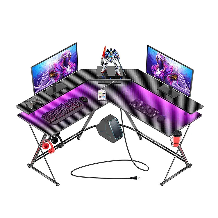 Vekin-scrivania a forma di L, computer ad angolo, tavolo da studio per laptop, postazione di lavoro RGB, supporto libero, scrivania da gioco a LED, commercio all'ingrosso