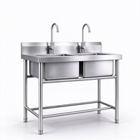 Évier en acier inoxydable à double bac, sur pieds ronds, de qualité alimentaire 201, robuste, taille personnalisable, pour cuisine commerciale